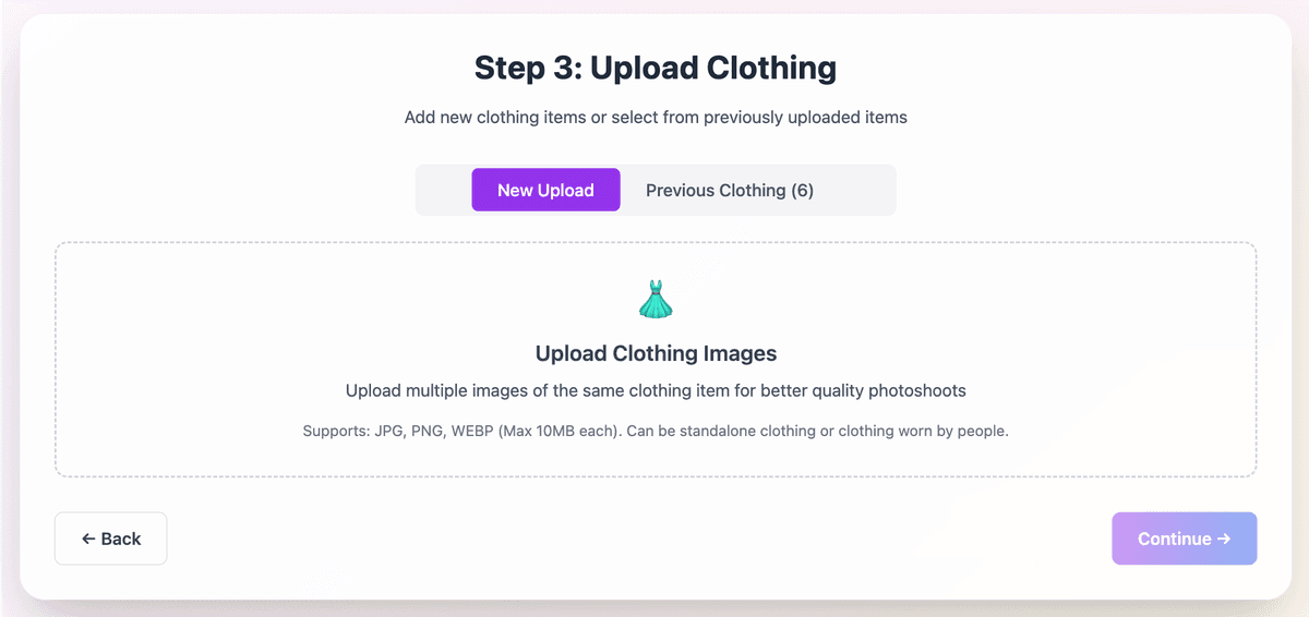 Step 3: Upload Clothing interface